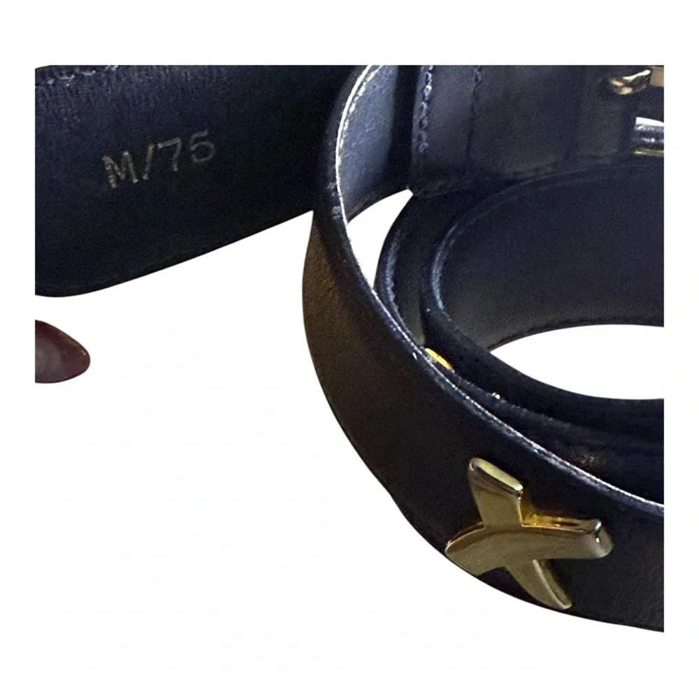 Paloma Picasso Vintage Navy Leather‎ X Buckle Belt Size M 75 Made in Italy Gold